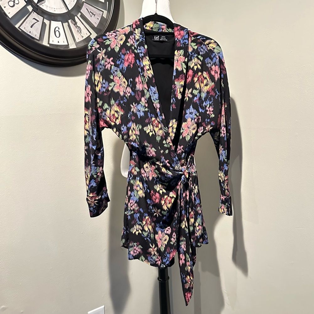 Zara TRF Collection Black Floral Collared V-neck Wrap Romper Size XS